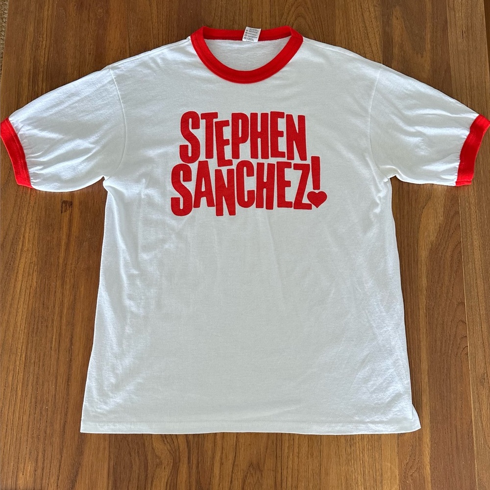 White Ringer Tee with Red Stephen Sanchez Graphic